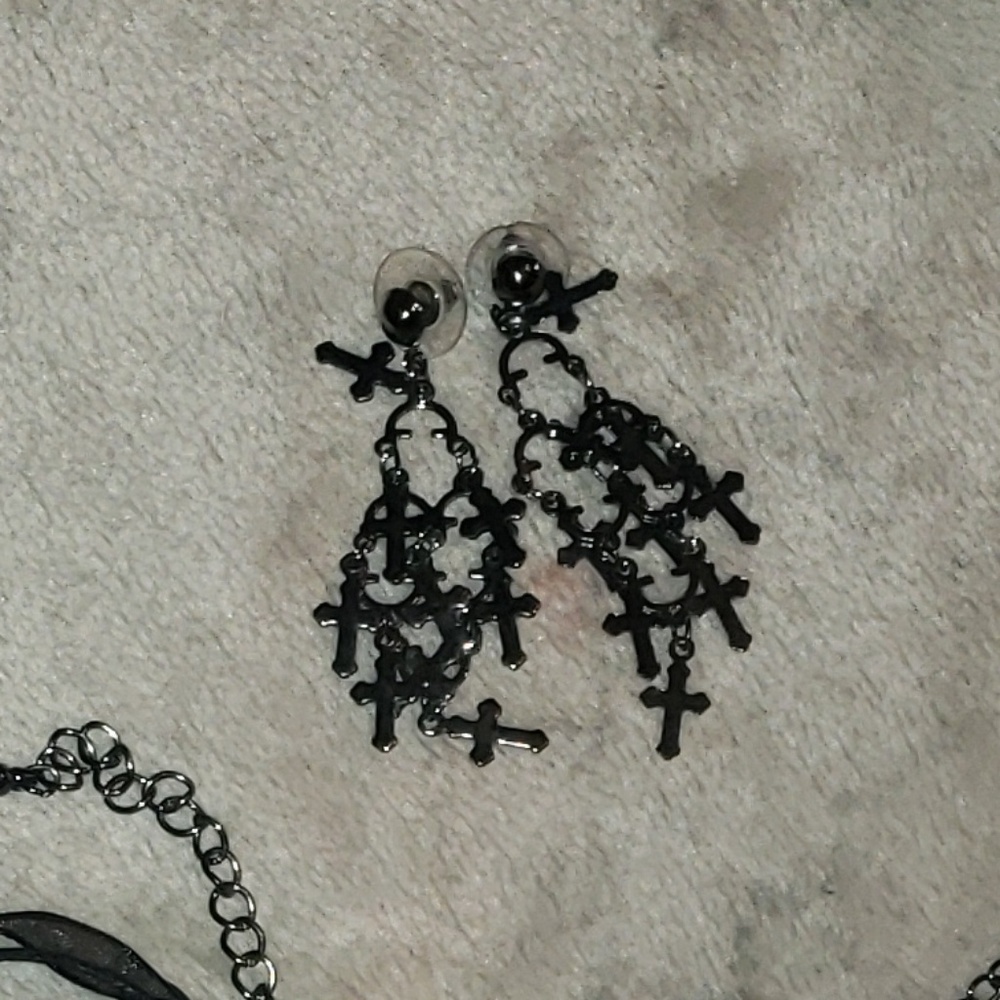 4/$20 Black chrome cross chandelier earrings